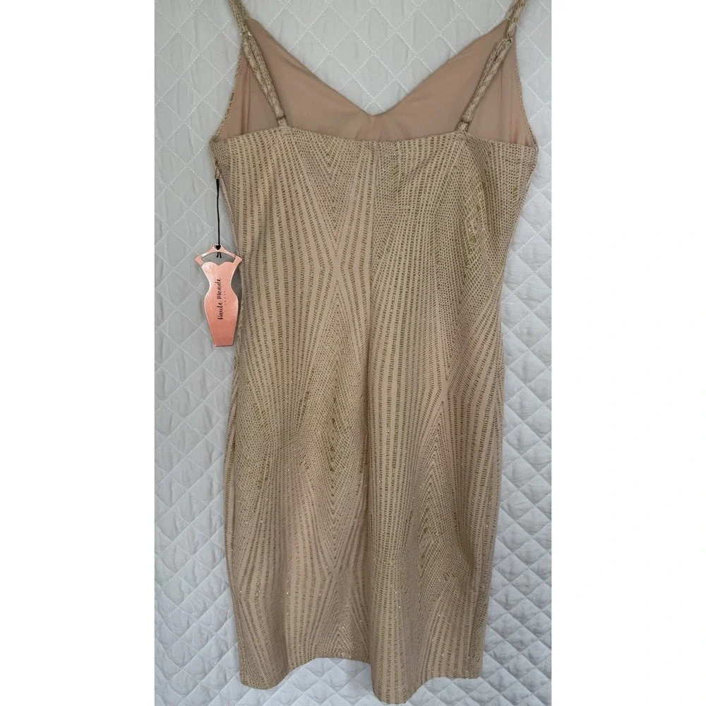NWT Haute Monde Geometric Nude Gold Metallic Bodycon Dress Size L Art Deco Style